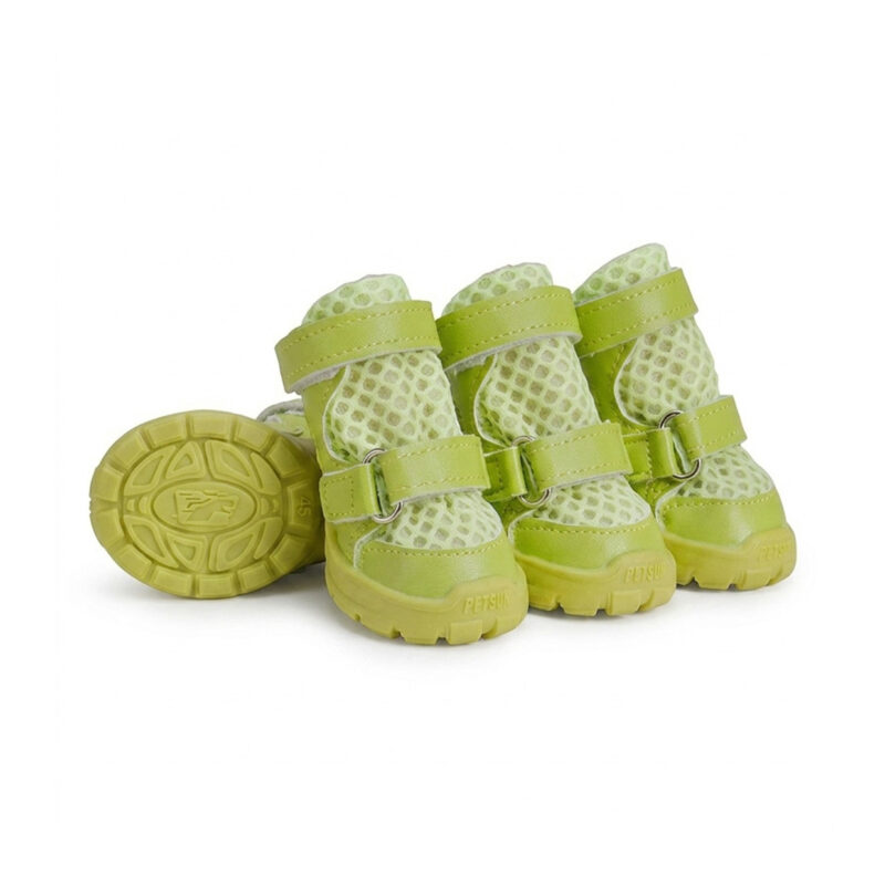 Neon lime breathable soft-sole dog shoes displaying vibrant green mesh panels and matching lime double velcro bands.