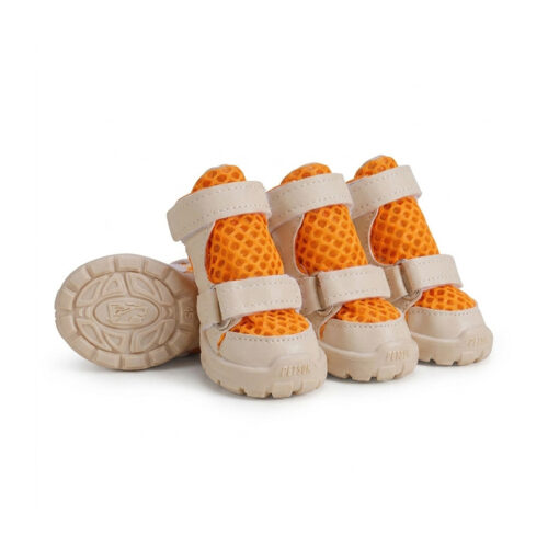 Tangerine orange breathable soft-sole dog shoes featuring open-cell sandwich mesh and beige microfiber leather double straps.