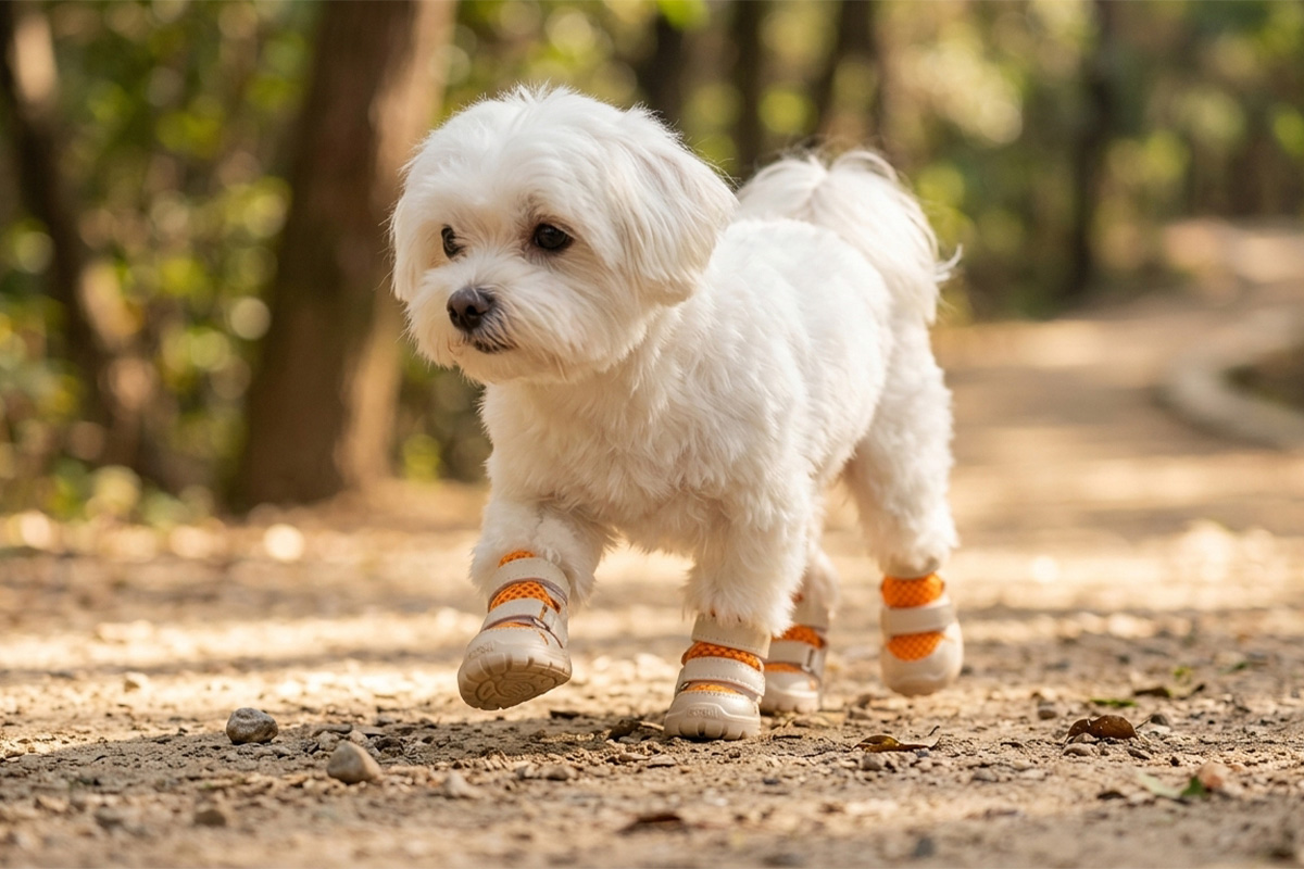 A small white Maltese dog pacing along a gravel park path wearing tangerine orange breathable soft-sole dog shoes.