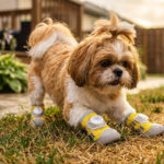 A Shih Tzu dog stretching on backyard turf grass wearing lemon yellow breathable summer walking dog shoes.