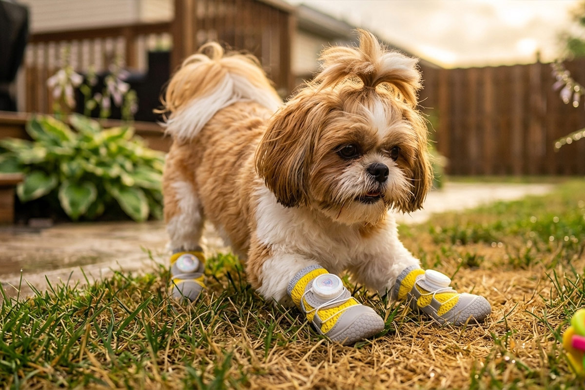 A Shih Tzu dog stretching on backyard turf grass wearing lemon yellow breathable summer walking dog shoes.