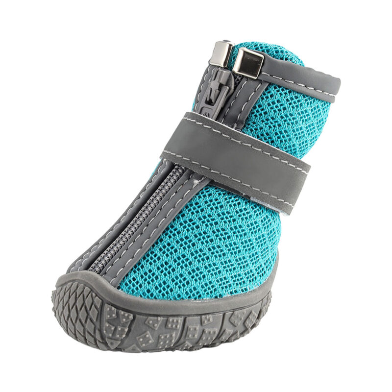 Teal Mesh Pet Boot Front Zipper Detail Front close-up view of teal breathable zipper dog shoes showing gray protective zipper line and ankle wrap strap.