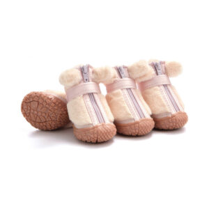 Blush pink cute faux fur warm dog shoes highlighting plush pink cuffs, pink zippers, and pink rubber outsoles.