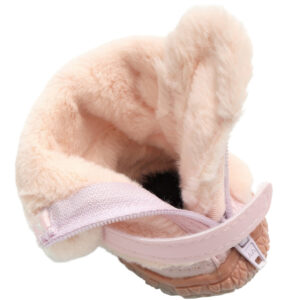 Top-down interior view of cute faux fur warm dog shoes illustrating the thick, pillowy plush insulation lining layer.