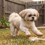 A small tan and white Shih Tzu dog trotting over backyard turf wearing blush pink cute faux fur warm dog shoes.