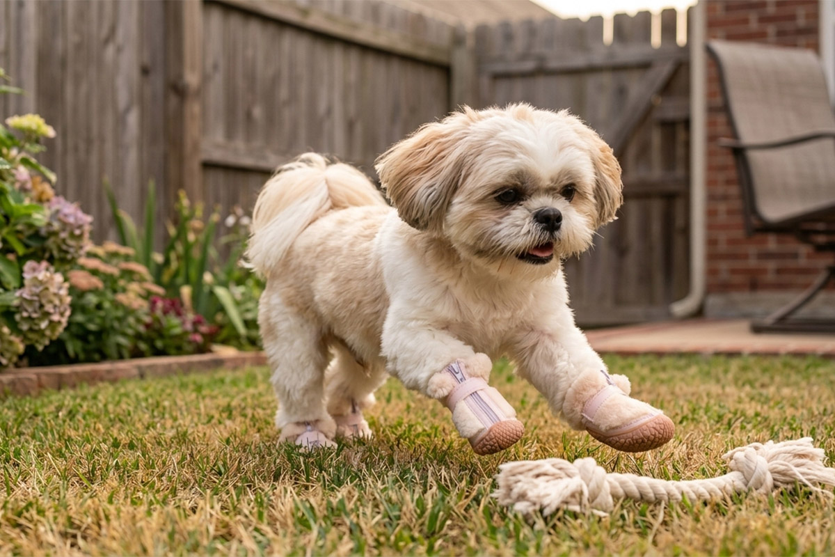A small tan and white Shih Tzu dog trotting over backyard turf wearing blush pink cute faux fur warm dog shoes.