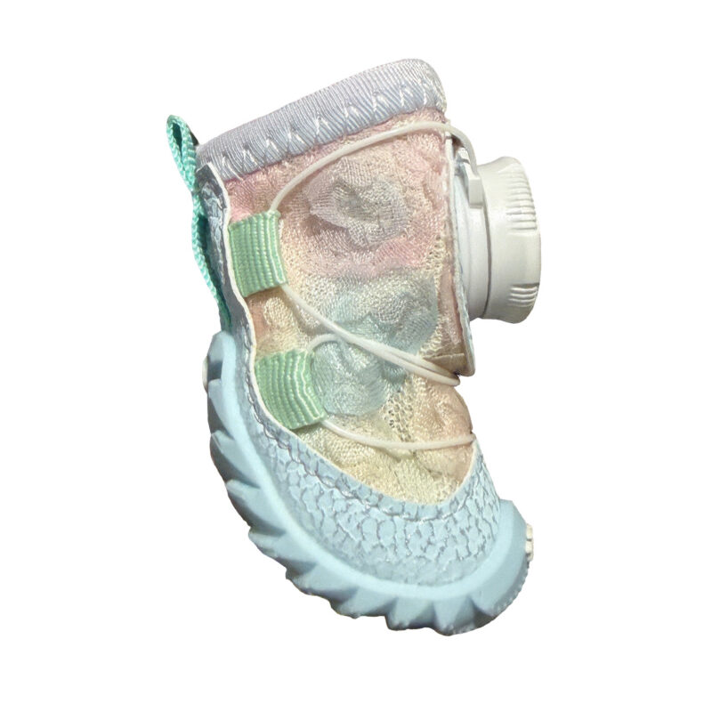 Side view of a macaron blue cute gradient glow puppy shoe emphasizing the raised thermoplastic rubber ankle rim trim.