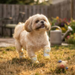 A fluffy tan and white Shih Tzu dog stepping through backyard turf grass wearing pastel yellow cute gradient glow puppy shoes.