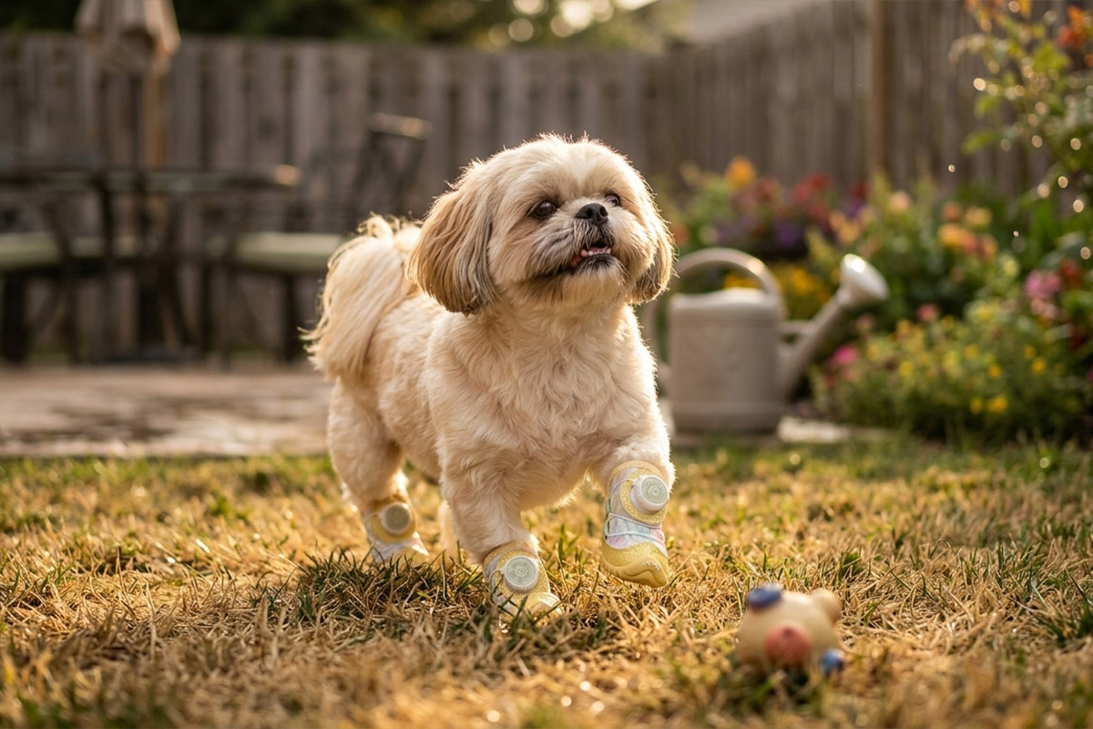 A fluffy tan and white Shih Tzu dog stepping through backyard turf grass wearing pastel yellow cute gradient glow puppy shoes.