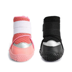 Front angle comparison showing cute pink breathable mesh dog shoes alongside the black variant highlighting silver toe patches.