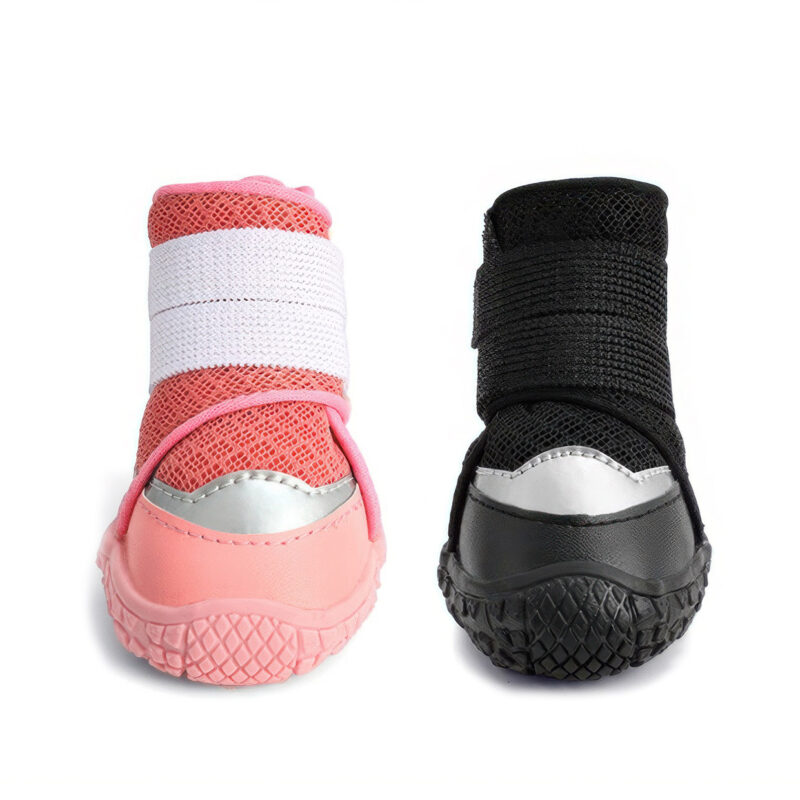 Front angle comparison showing cute pink breathable mesh dog shoes alongside the black variant highlighting silver toe patches.