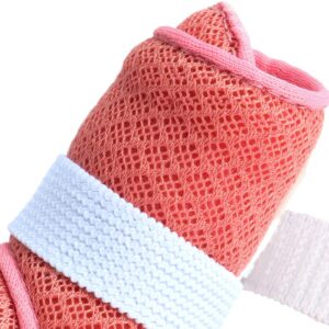 Macro view focusing on the dual-layer open sandwich mesh fabric matrix of cute pink breathable mesh dog shoes.