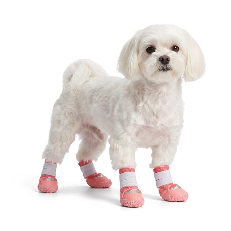 A small white Maltese dog standing on a white background wearing cute pink breathable mesh dog shoes.
