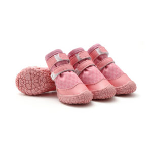 Blush Pink Cute Printed Waterproof Dog Shoes Set Blush pink cute printed dog shoes featuring monogram paw patterns, light pink leather mudguards, and white wrap straps.