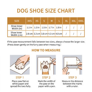 Paw measurement guide, how to measure, and sizing chart for cute pink reflective breathable dog shoes.
