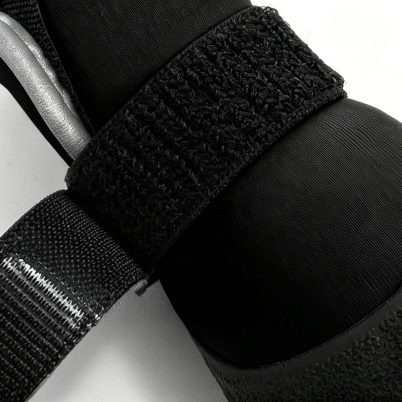 Close up of the extra wide soft touch ankle closure on black dog shoes that stay-on during active play.