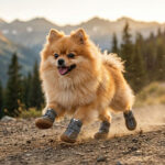 A fluffy Pomeranian running down a mountain dirt trail wearing brown dog shoes with zipper and straps.