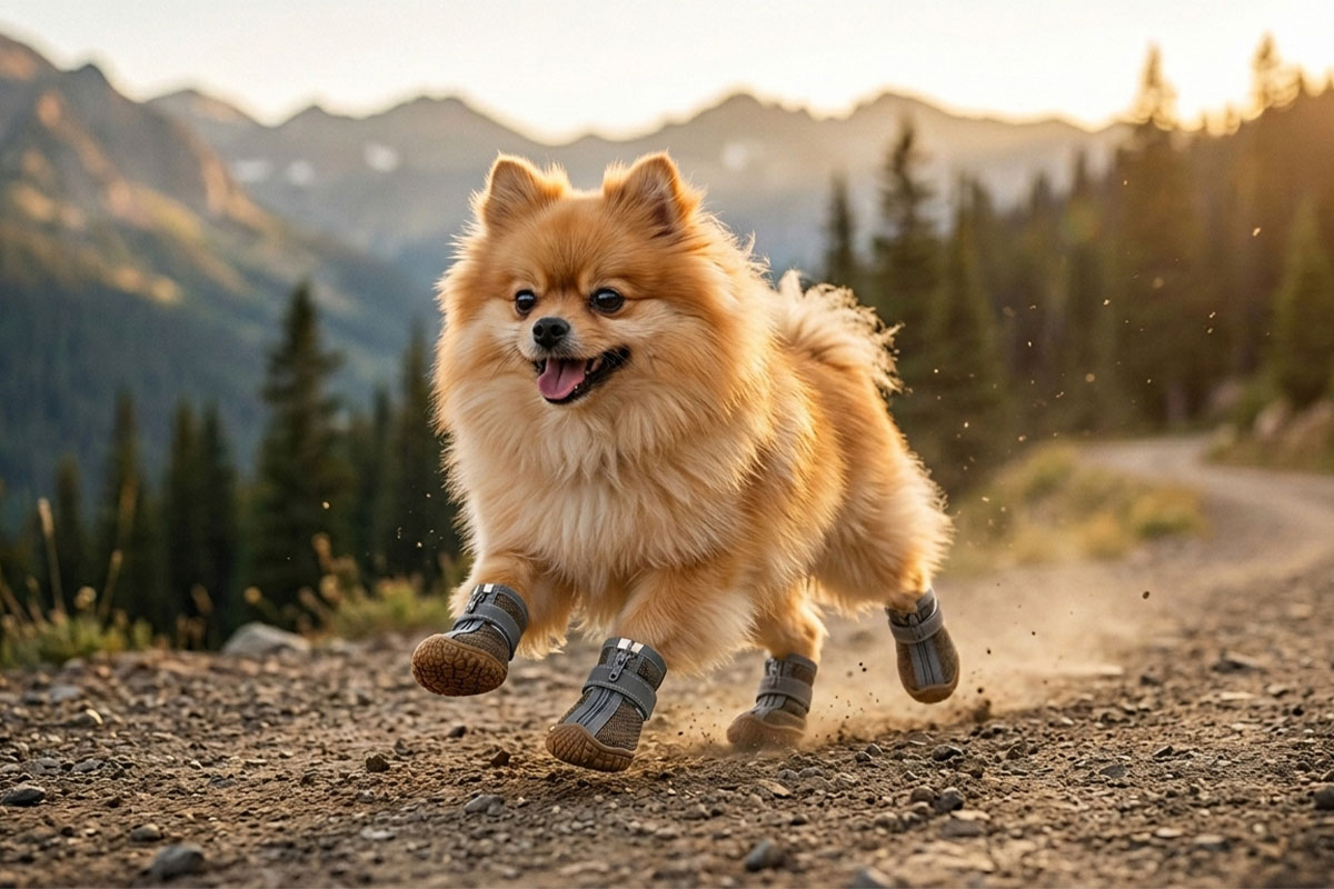 A fluffy Pomeranian running down a mountain dirt trail wearing brown dog shoes with zipper and straps.