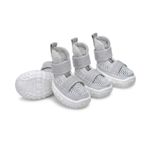 Gray Double-Strap Breathable Mesh Dog Sandals Slate gray double-strap breathable mesh dog sandals displaying light gray uppers and matching thick rubber outsoles.