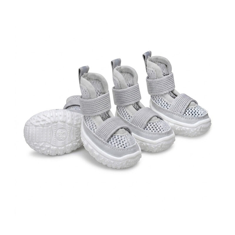 Gray Double-Strap Breathable Mesh Dog Sandals Slate gray double-strap breathable mesh dog sandals displaying light gray uppers and matching thick rubber outsoles.
