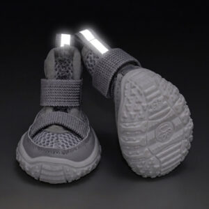 High Visibility Night Safety Reflective Strap Glow Close front view of gray double-strap breathable mesh dog sandals showing parallel silver strips glowing intensely in the dark.