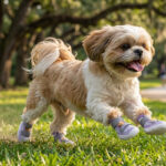 A small tan and white Shih Tzu dog bounding across park grass wearing purple double-strap breathable mesh dog sandals.