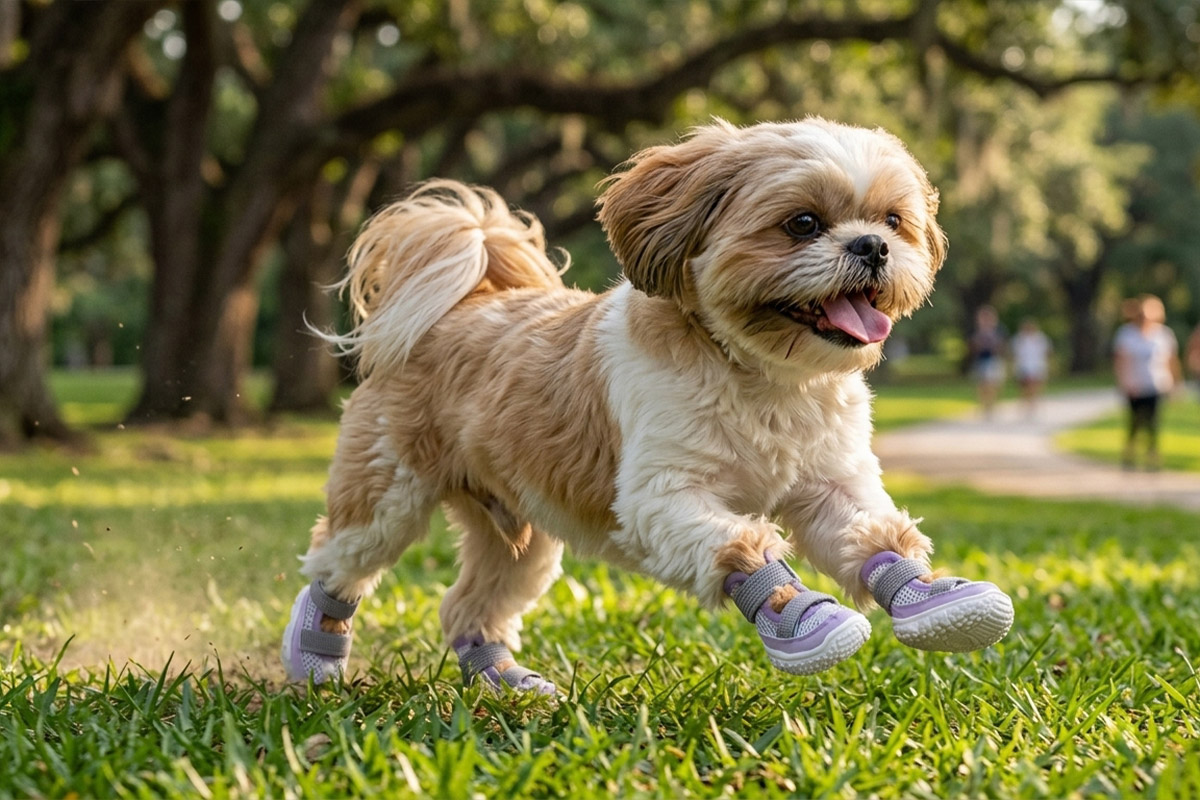 A small tan and white Shih Tzu dog bounding across park grass wearing purple double-strap breathable mesh dog sandals.