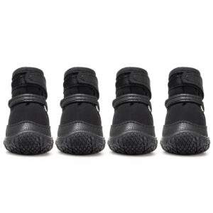 Front Profile Alignment of Black Waterproof Dog Shoes Symmetrical front view of four stealth black double-strap waterproof dog shoes highlighting the leather toe guards.