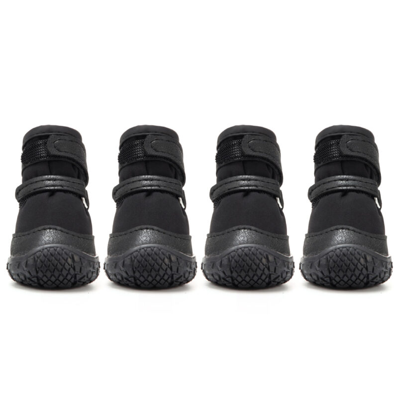 Front Profile Alignment of Black Waterproof Dog Shoes Symmetrical front view of four stealth black double-strap waterproof dog shoes highlighting the leather toe guards.