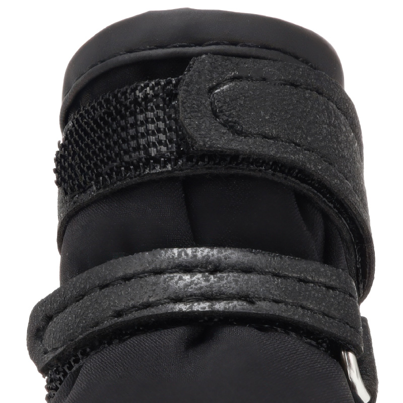 Macro view focusing on the premium leather collar panel integration and parallel double wrap velcro bands on a black boot.