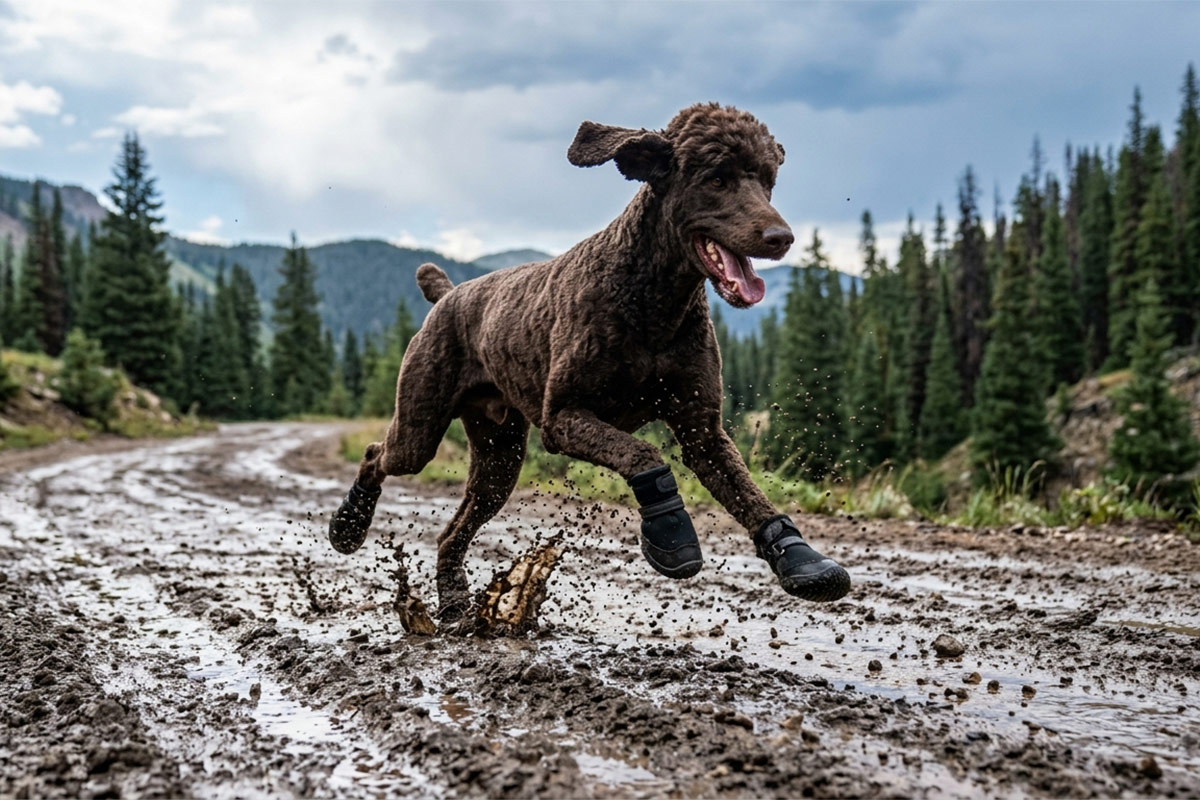 A dark brown standard Poodle galloping fast down a wet muddy mountain road trail wearing black waterproof boots.