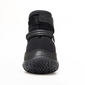 Single Black Waterproof Dog Shoe Front Geometry Straight front look at a single stealth black double-strap waterproof dog shoe emphasizing parallel closure alignment.