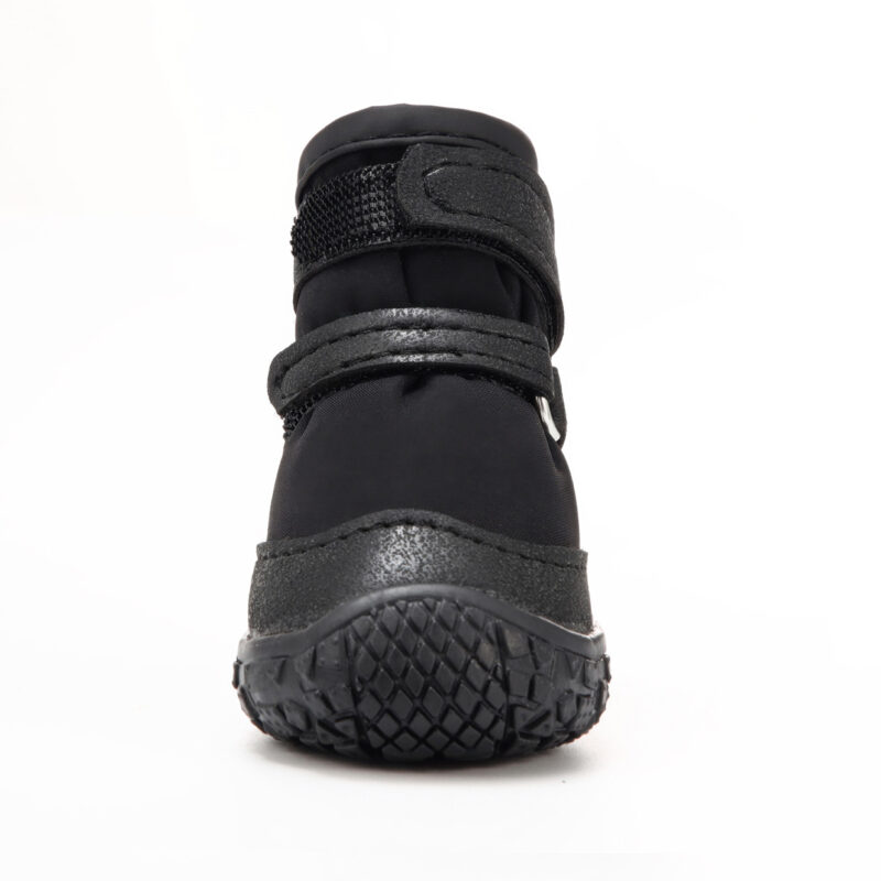 Single Black Waterproof Dog Shoe Front Geometry Straight front look at a single stealth black double-strap waterproof dog shoe emphasizing parallel closure alignment.
