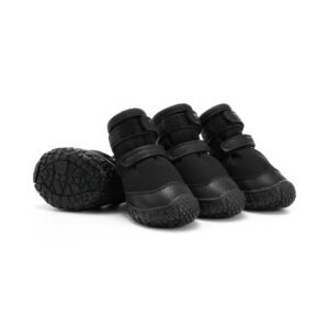Stealth Black Double-Strap Waterproof Dog Shoes Set Stealth black double-strap waterproof dog shoes displaying leather mudguards, black TPR soles, and parallel velcro bands.