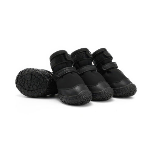 Stealth black double-strap waterproof dog shoes displaying leather mudguards, black TPR soles, and parallel velcro bands.