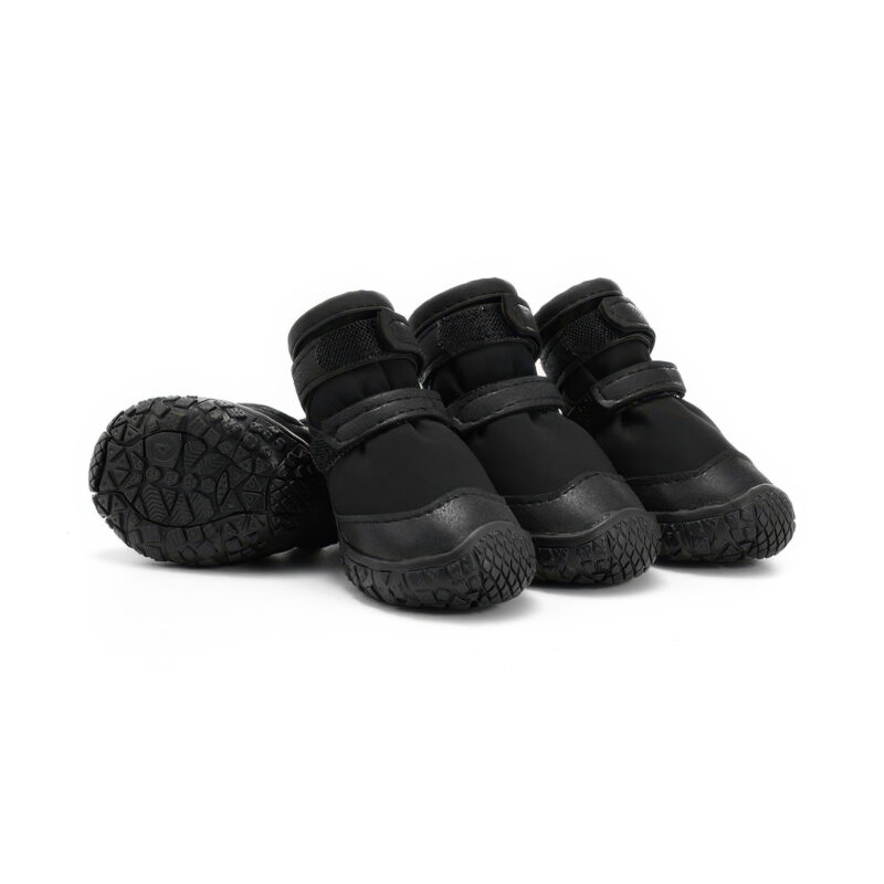 Stealth Black Double-Strap Waterproof Dog Shoes Set Stealth black double-strap waterproof dog shoes displaying leather mudguards, black TPR soles, and parallel velcro bands.