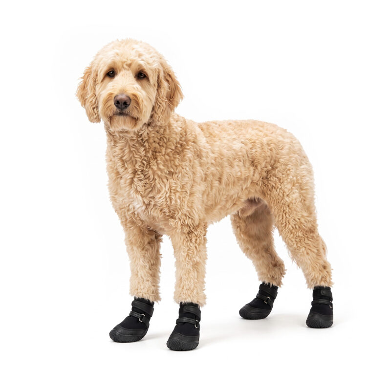 Stealth Black Double-Strap Waterproof Dog Shoes on Doodle An apricot Goldendoodle standing on a white background wearing stealth black double-strap waterproof dog shoes.