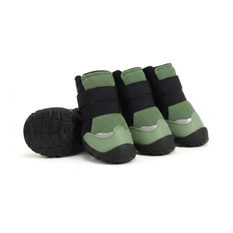 Green Double-Straps Secure Fit Pet Shoes Trio Olive green double-straps secure fit pet shoes displaying small-hole breathable mesh fabric and black leather trim.
