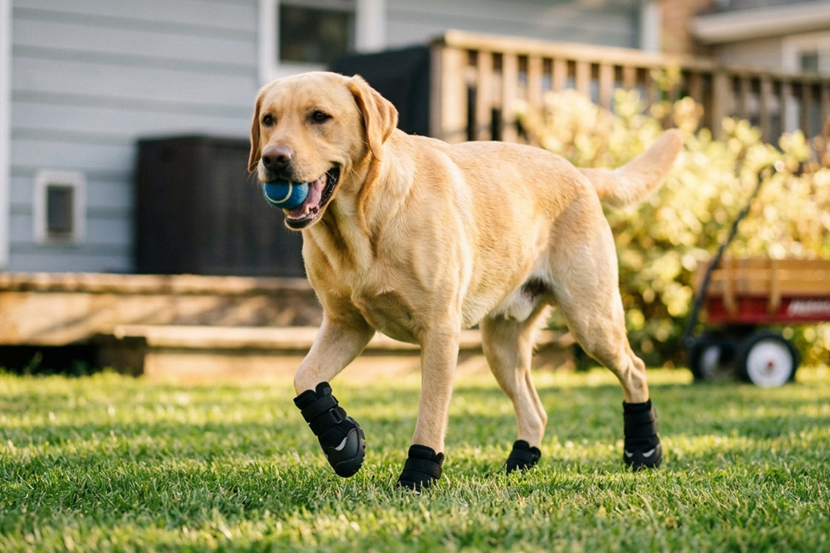 A yellow Labrador Retriever fetching a ball on a house backyard lawn wearing black double-straps secure fit pet shoes.