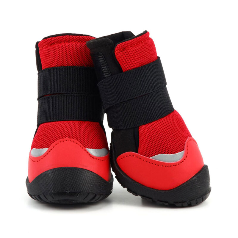 Symmetrical Double-Straps Secure Fit Pet Shoes A standing front angle pair of red double-straps secure fit pet shoes highlighting symmetrical silver reflective curves.
