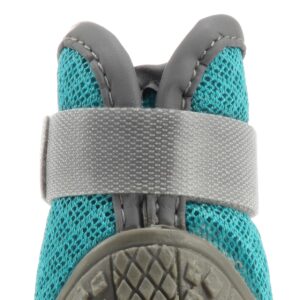 Front macro view of ocean teal double wrap strap stay-on puppy shoes emphasizing the clean edge trim stitching.