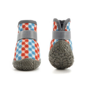 Front look next to the underside wavy tread of blue and orange double wrap strap stay-on puppy shoes.