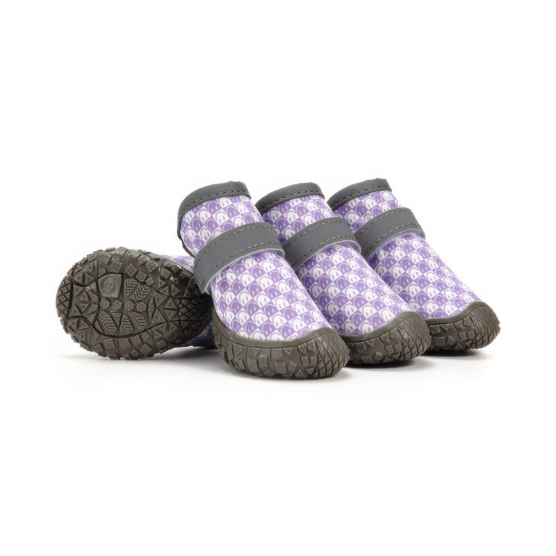 Taro purple double wrap strap stay-on puppy shoes highlighting smile checker print uppers and grey rubber bases.