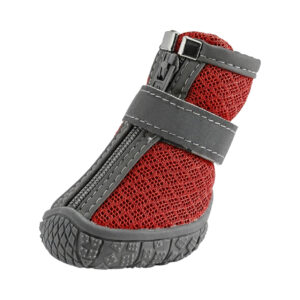 Premium Nine-Hole Cooling Mesh Detail - Red Side profile of red easy-on-off small dog shoes highlighting the porous nine-hole highly breathable athletic mesh fabric.