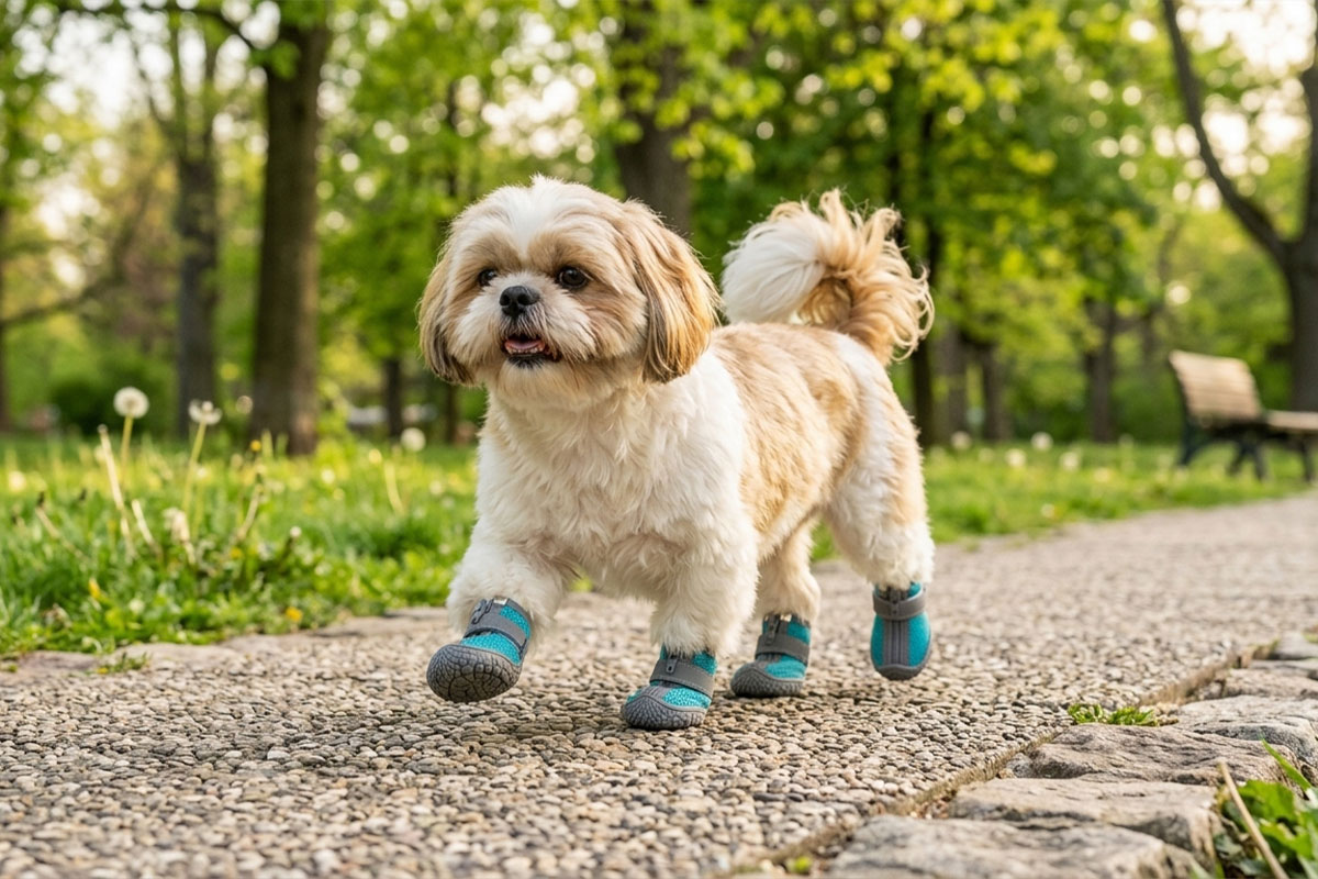 A small Shih Tzu walking comfortably along a park path wearing teal easy-on-off small dog shoes.