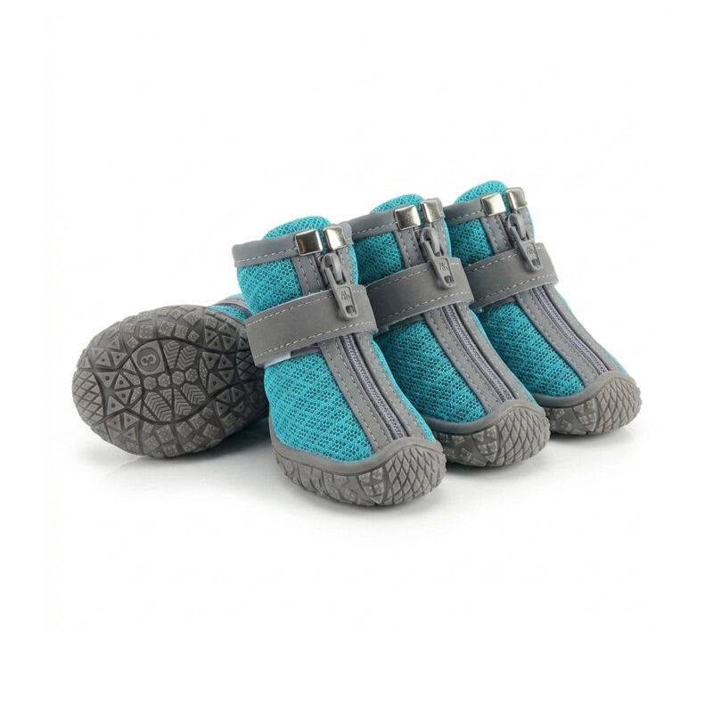 Teal Mesh Dog Shoes with Zipper and Straps Pack Teal easy-on-off small dog shoes featuring protective grey front zippers and high-traction rubber outsoles.
