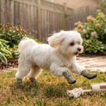 A small white Maltese dog running across a backyard lawn next to a rope toy wearing yellow tiger stripe easy-on-off zipper shoes for dogs.