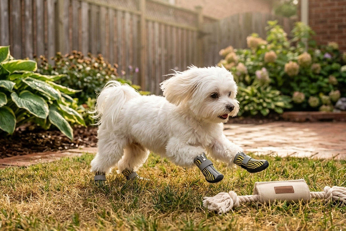 A small white Maltese dog running across a backyard lawn next to a rope toy wearing yellow tiger stripe easy-on-off zipper shoes for dogs.