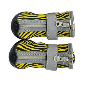 Adjustable Reflective Ankle Straps Pair A pair of yellow easy-on-off zipper shoes for dogs displaying long grey hook and loop fasteners layout.