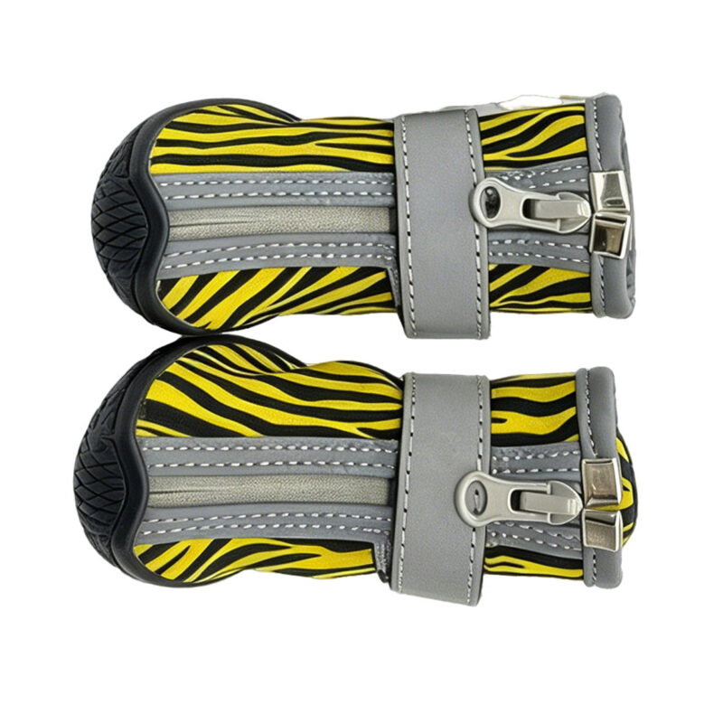 Adjustable Reflective Ankle Straps Pair A pair of yellow easy-on-off zipper shoes for dogs displaying long grey hook and loop fasteners layout.